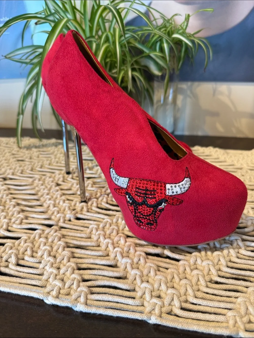 Red Suede Platform Stiletto Pump with Embellished Bull Detail
